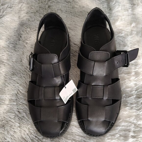 Men Zara Cage Buckle Up Sandals/Shoes Leather Black size (43 EUR) (10 USA)